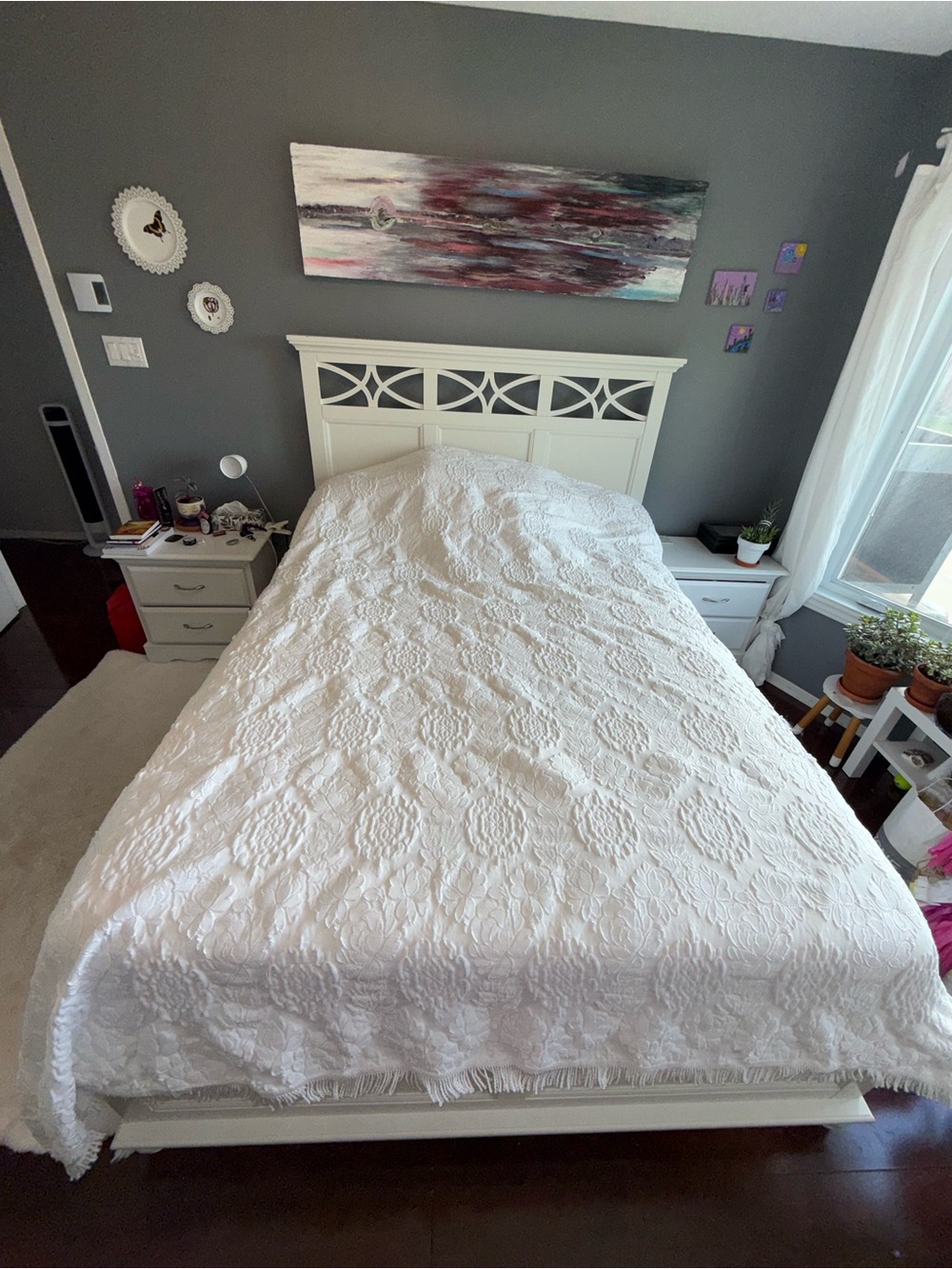 White cotton Coverlet bed spread over - floral